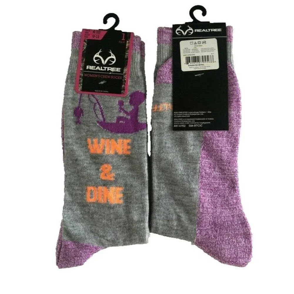 Realtree Womens Ladies Wine & Dine Crew Gray Purple Socks Size 9-11
